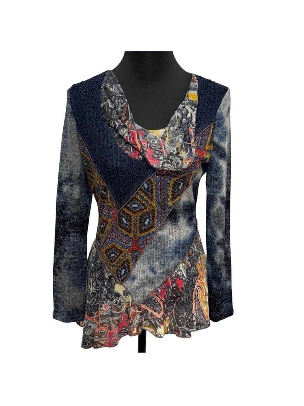 Radzoli S Mixed Print Cowl Neck Top Paisley Geometric Abstract Stretch
